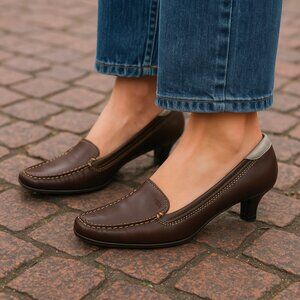 PRADA Brown Leather Retro Y2K Designer Loafer Kitten Heels Pumps 38.5